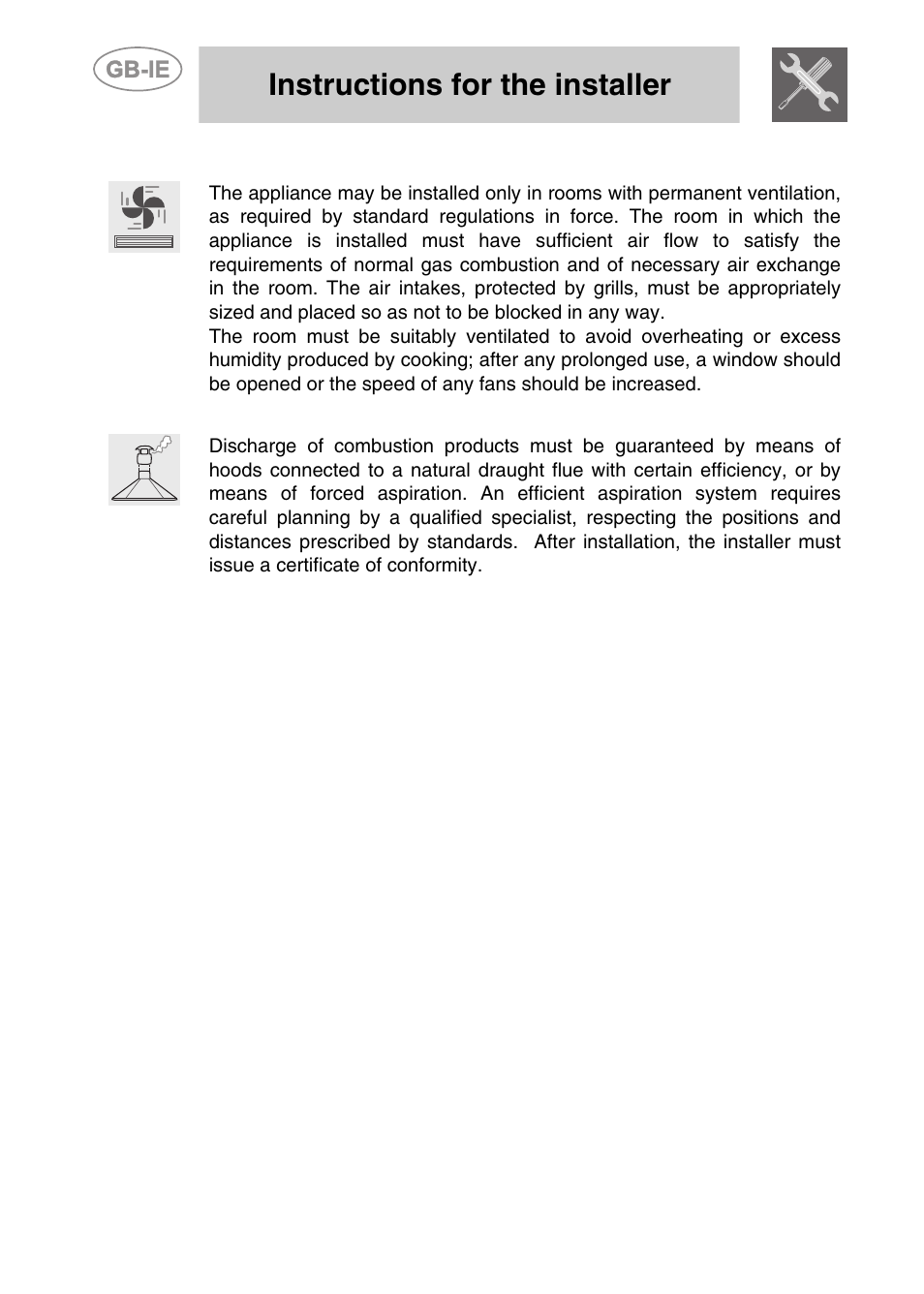 4 ventilation requirements, 5 discharge of combustion products, Instructions for the installer | Smeg PGF95K-3 User Manual | Page 8 / 16
