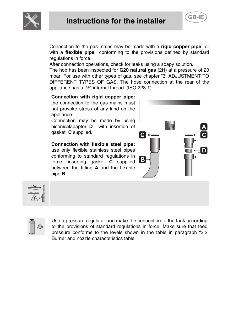 6 gas connection, 7 connection to lpg, Instructions for the installer | Smeg PGF95K-3 User Manual | Page 9 / 16