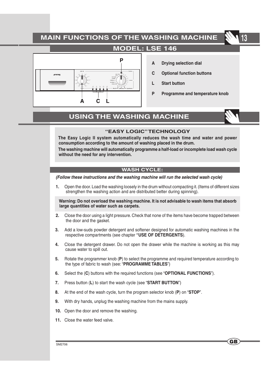 Main functions of the washing machine, Using the washing machine, Model: lse 146 | Smeg LSE 146 User Manual | Page 13 / 20