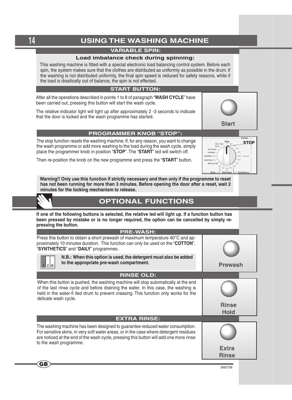 Using the washing machine, Optional functions | Smeg LSE 146 User Manual | Page 14 / 20