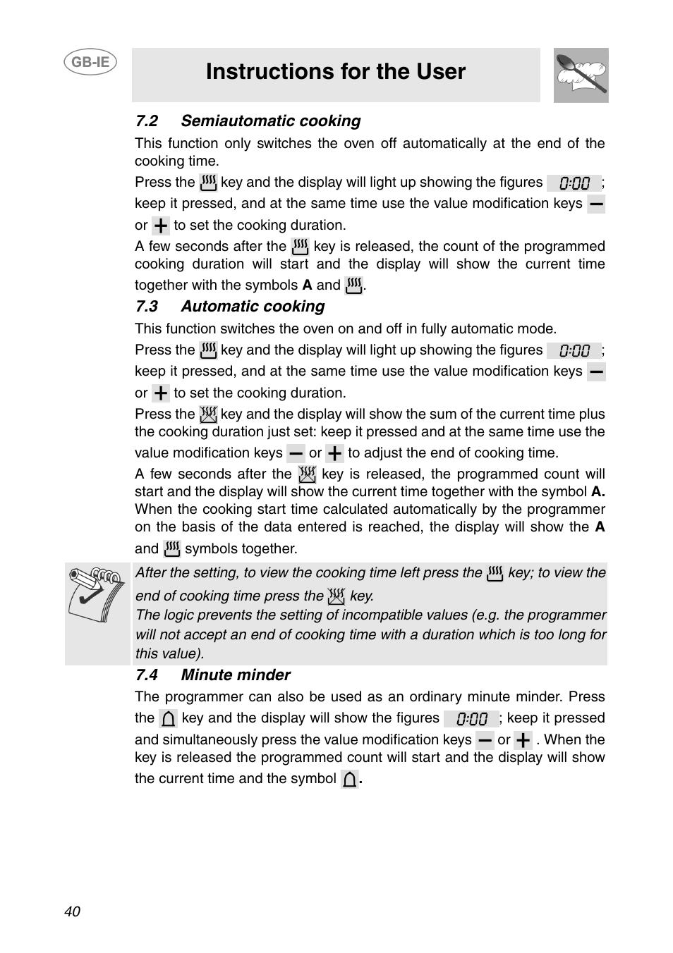 2 semiautomatic cooking, 3 automatic cooking, 4 minute minder | Instructions for the user | Smeg SE365MF-5 User Manual | Page 10 / 28