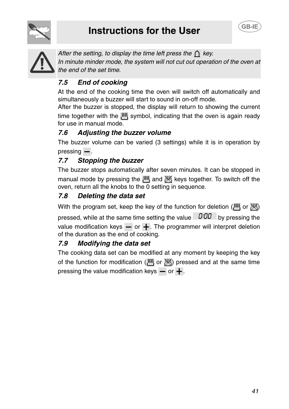 5 end of cooking, 6 adjusting the buzzer volume, 7 stopping the buzzer | 8 deleting the data set, 9 modifying the data set, Instructions for the user | Smeg SE365MF-5 User Manual | Page 11 / 28