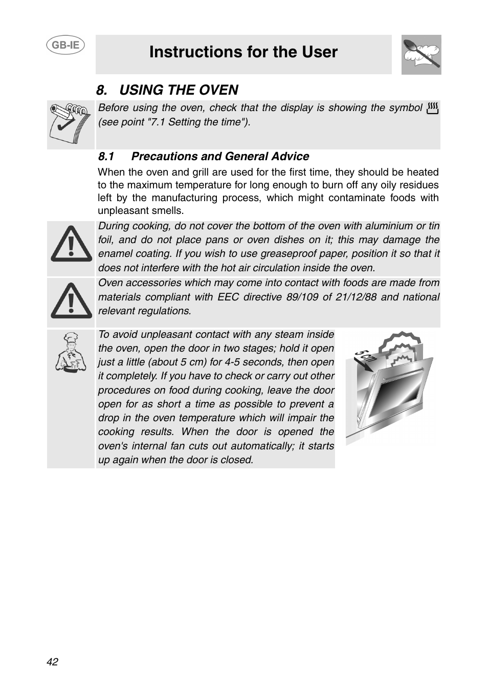 Using the oven, 1 precautions and general advice, Instructions for the user | Smeg SE365MF-5 User Manual | Page 12 / 28