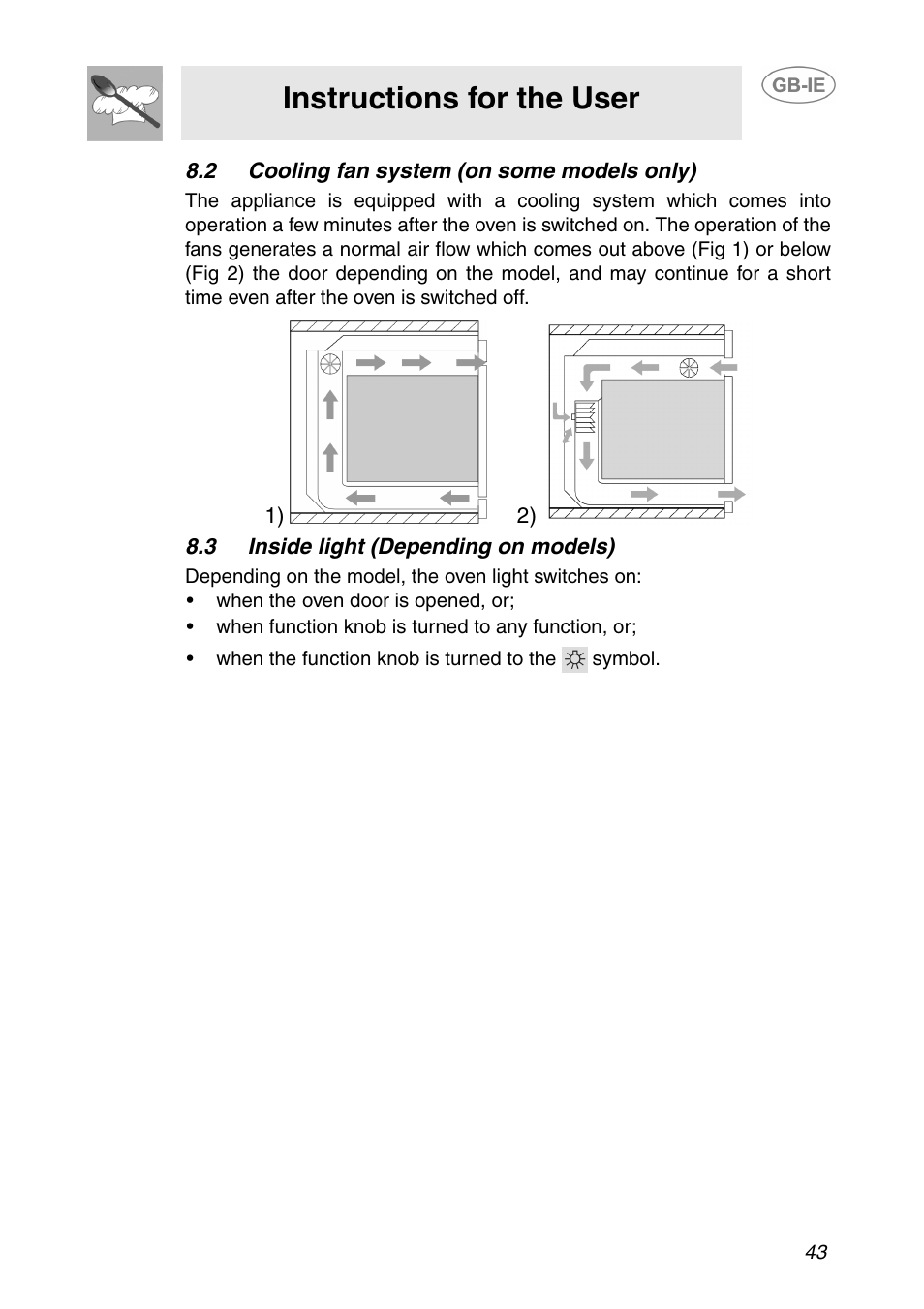 2 cooling fan system (on some models only), 3 inside light (depending on models), Instructions for the user | Smeg SE365MF-5 User Manual | Page 13 / 28