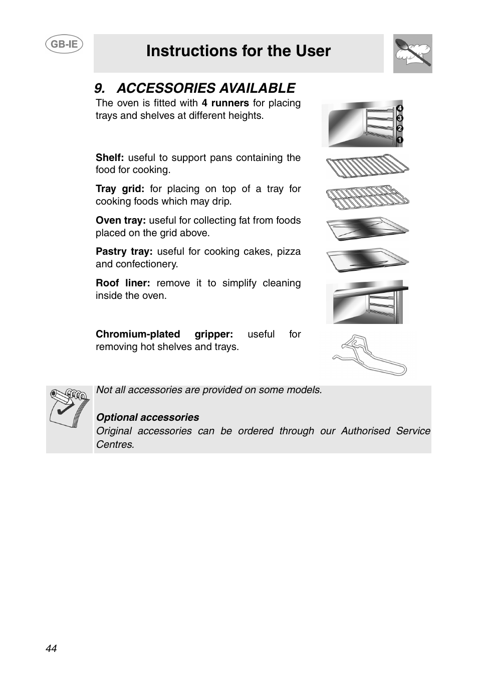 Accessories available, Instructions for the user | Smeg SE365MF-5 User Manual | Page 14 / 28