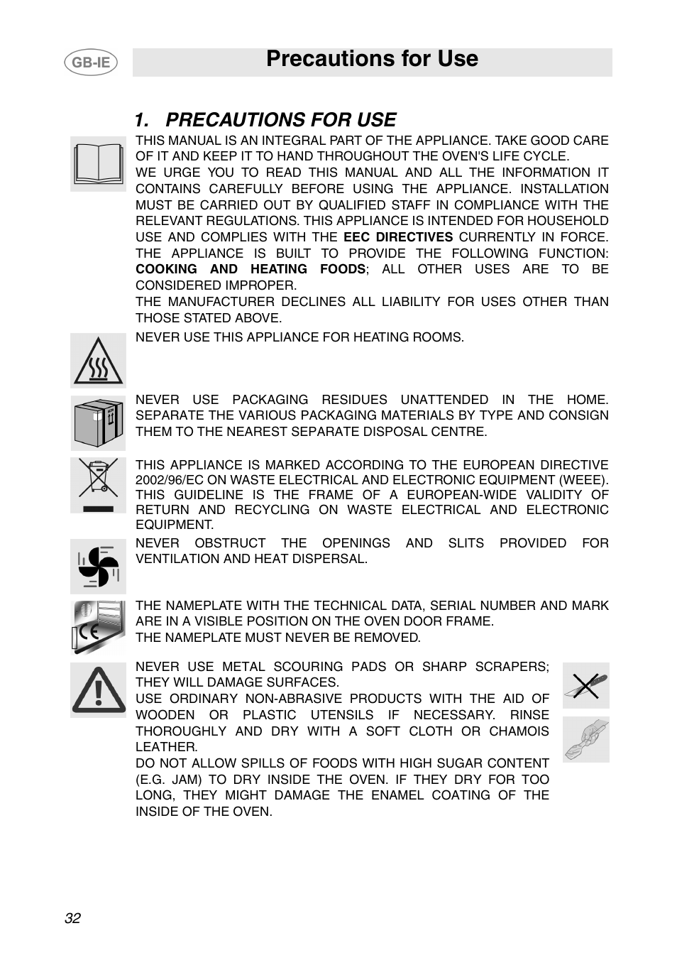 Precautions for use | Smeg SE365MF-5 User Manual | Page 2 / 28