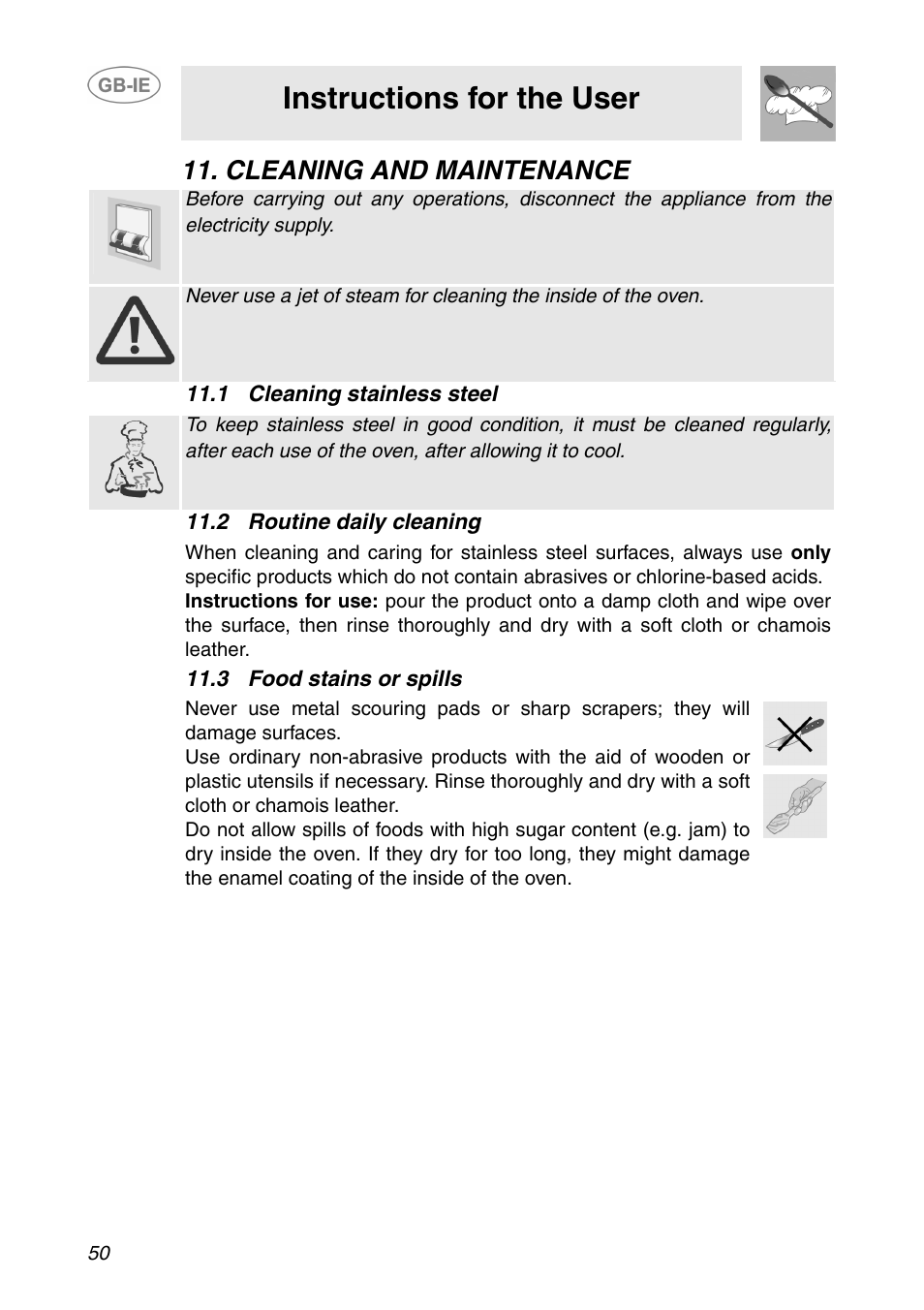 Cleaning and maintenance, 1 cleaning stainless steel, 2 routine daily cleaning | 3 food stains or spills, Instructions for the user | Smeg SE365MF-5 User Manual | Page 20 / 28