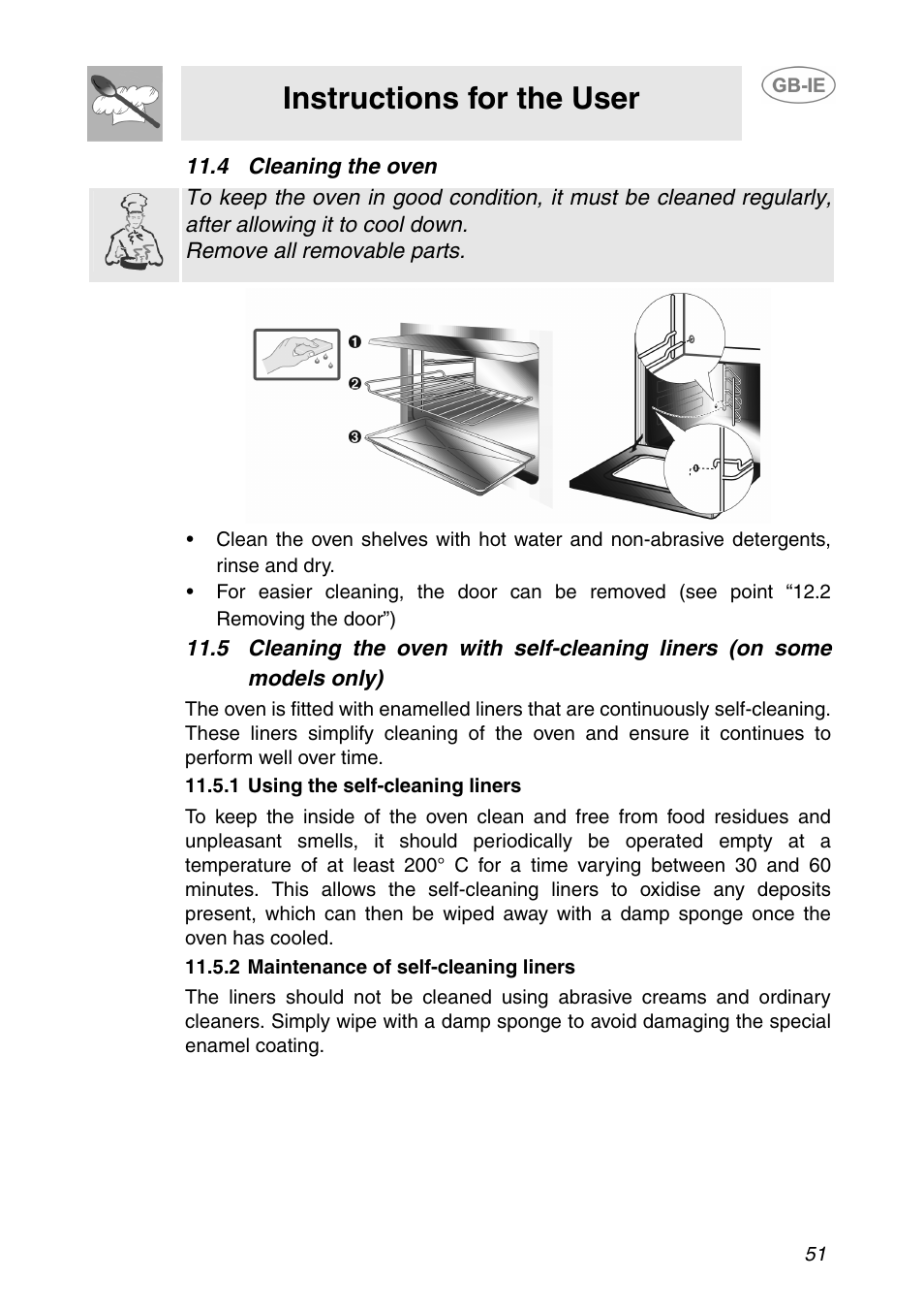 4 cleaning the oven, 1 using the self-cleaning liners, 2 maintenance of self-cleaning liners | Instructions for the user | Smeg SE365MF-5 User Manual | Page 21 / 28