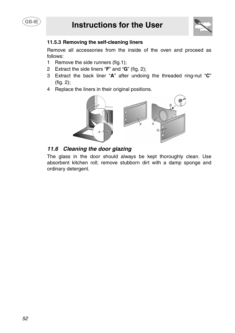 3 removing the self-cleaning liners, 1 remove the side runners (fig.1), 2 extract the side liners “f” and “g” (fig. 2) | 4 replace the liners in their original positions, 6 cleaning the door glazing, Instructions for the user | Smeg SE365MF-5 User Manual | Page 22 / 28