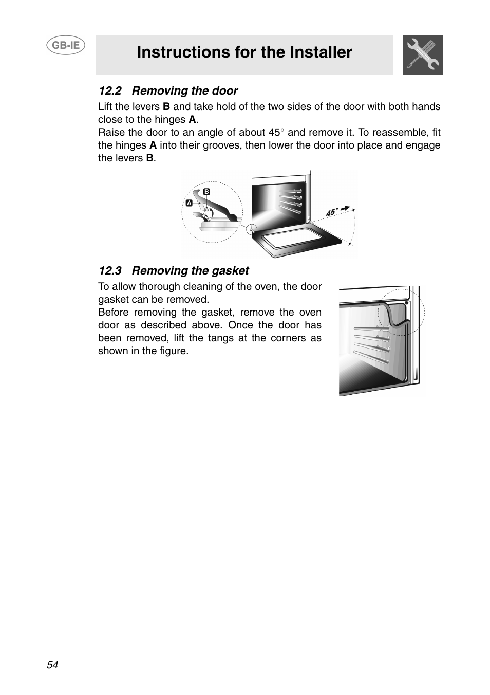 2 removing the door, 3 removing the gasket, Instructions for the installer | Smeg SE365MF-5 User Manual | Page 24 / 28