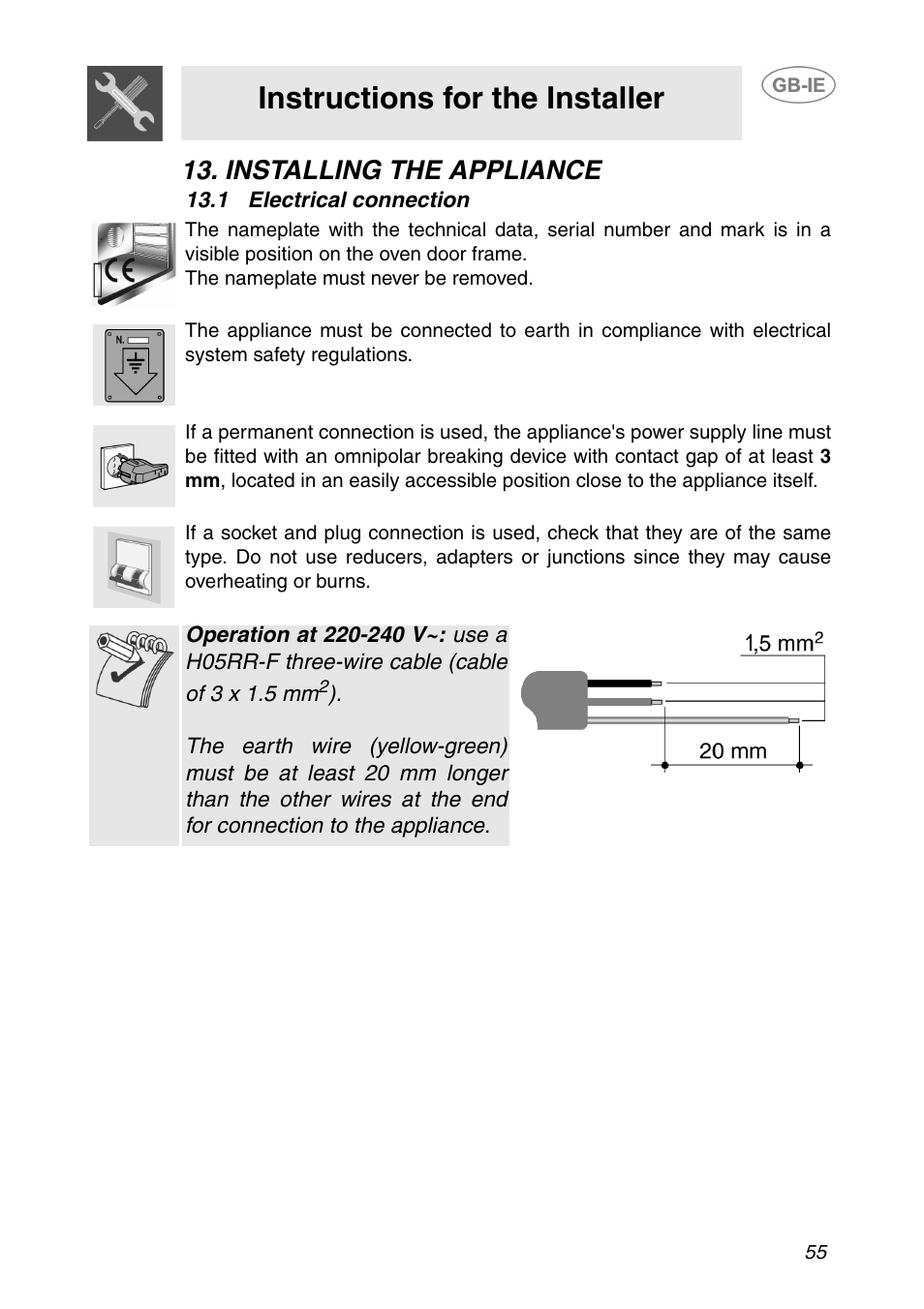 Installing the appliance, 1 electrical connection, Instructions for the installer | Smeg SE365MF-5 User Manual | Page 25 / 28