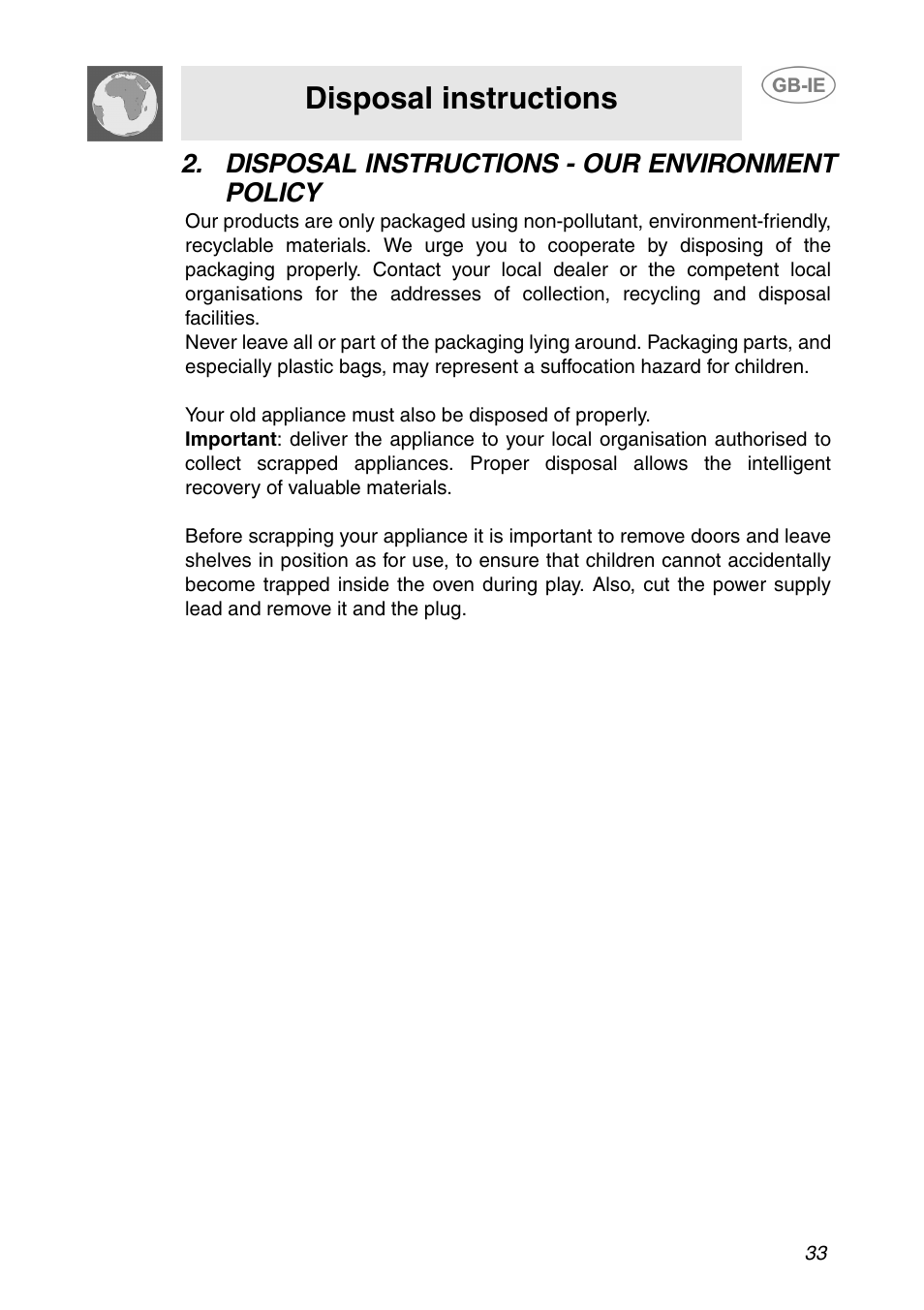 Disposal instructions - our environment policy, Disposal instructions | Smeg SE365MF-5 User Manual | Page 3 / 28
