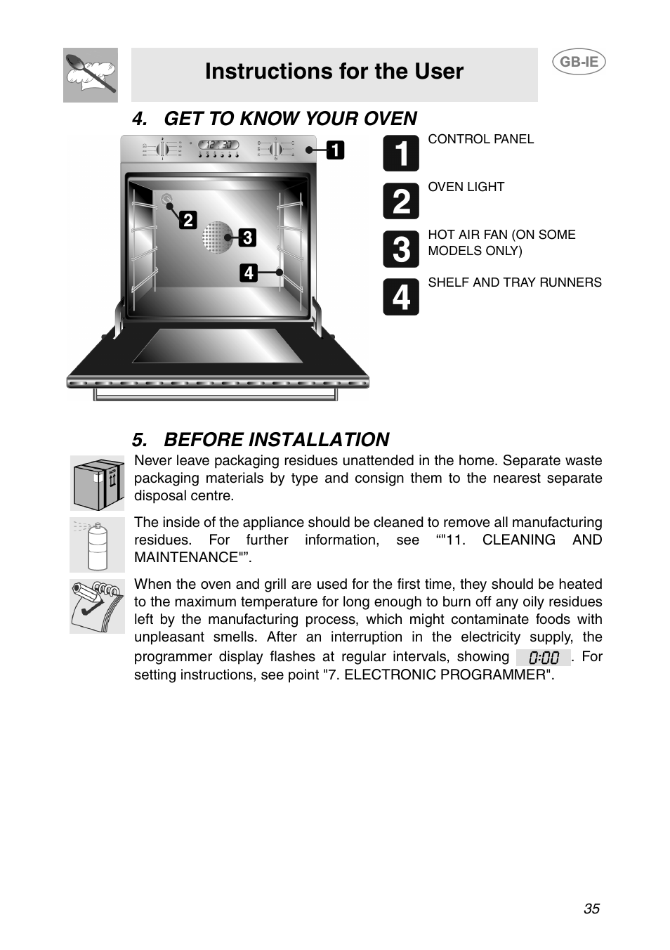 Get to know your oven, Before installation, Instructions for the user | Get to know your oven 5. before installation | Smeg SE365MF-5 User Manual | Page 5 / 28