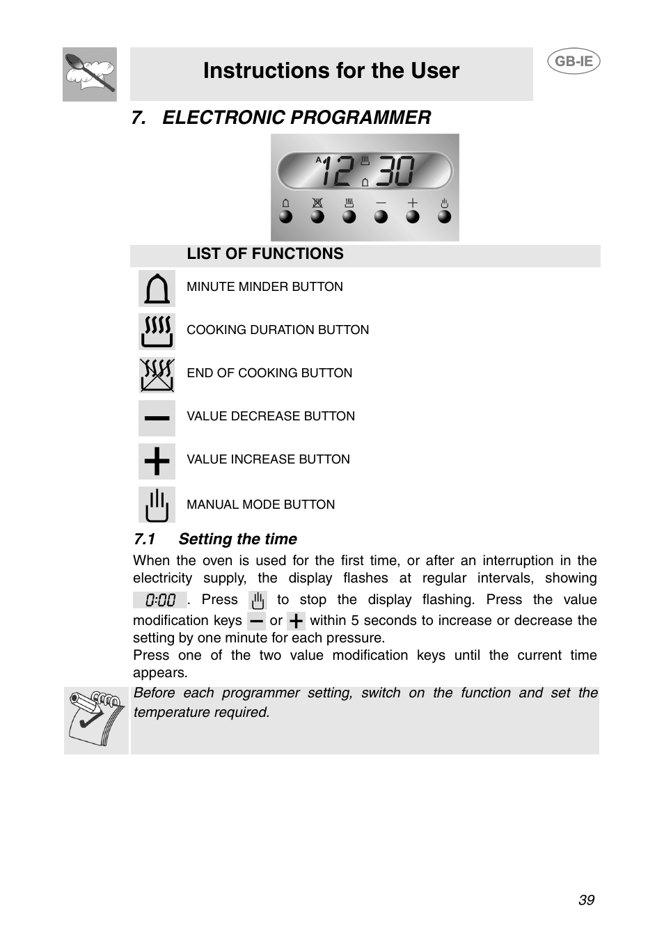 Electronic programmer, 1 setting the time, Instructions for the user | Smeg SE365MF-5 User Manual | Page 9 / 28
