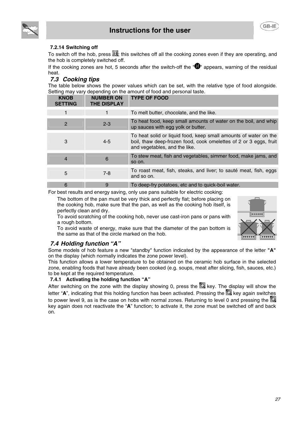14 switching off, 3 cooking tips, 4 holding function “a | 1 activating the holding function “a, Instructions for the user | Smeg APL2640TC User Manual | Page 10 / 15