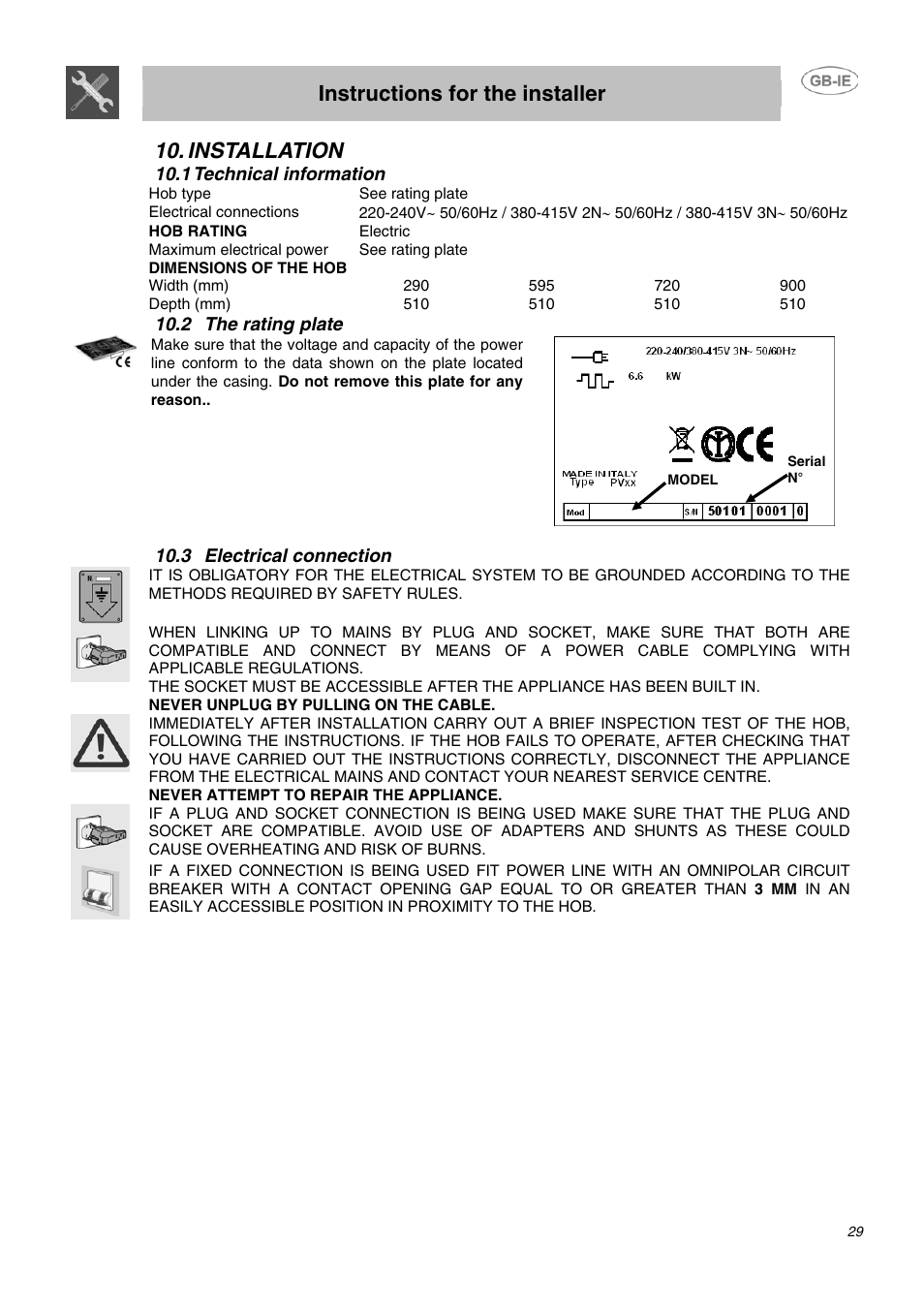 Installation, 1 technical information, 2 the rating plate | 3 electrical connection, Instructions for the installer | Smeg APL2640TC User Manual | Page 12 / 15