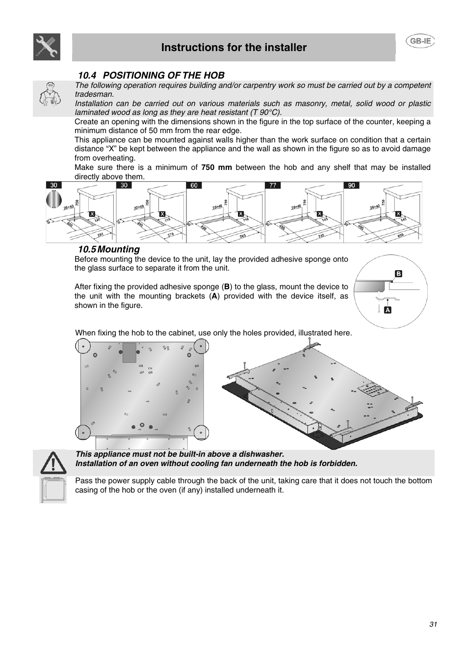 4 positioning of the hob, 5 mounting, Instructions for the installer | Smeg APL2640TC User Manual | Page 14 / 15