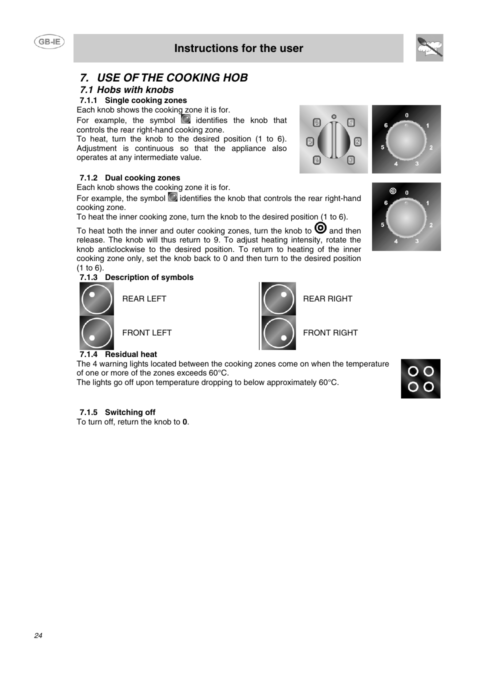 Use of the cooking hob, 1 hobs with knobs, 1 single cooking zones | 2 dual cooking zones, 3 description of symbols, 4 residual heat, 5 switching off, Instructions for the user | Smeg APL2640TC User Manual | Page 7 / 15