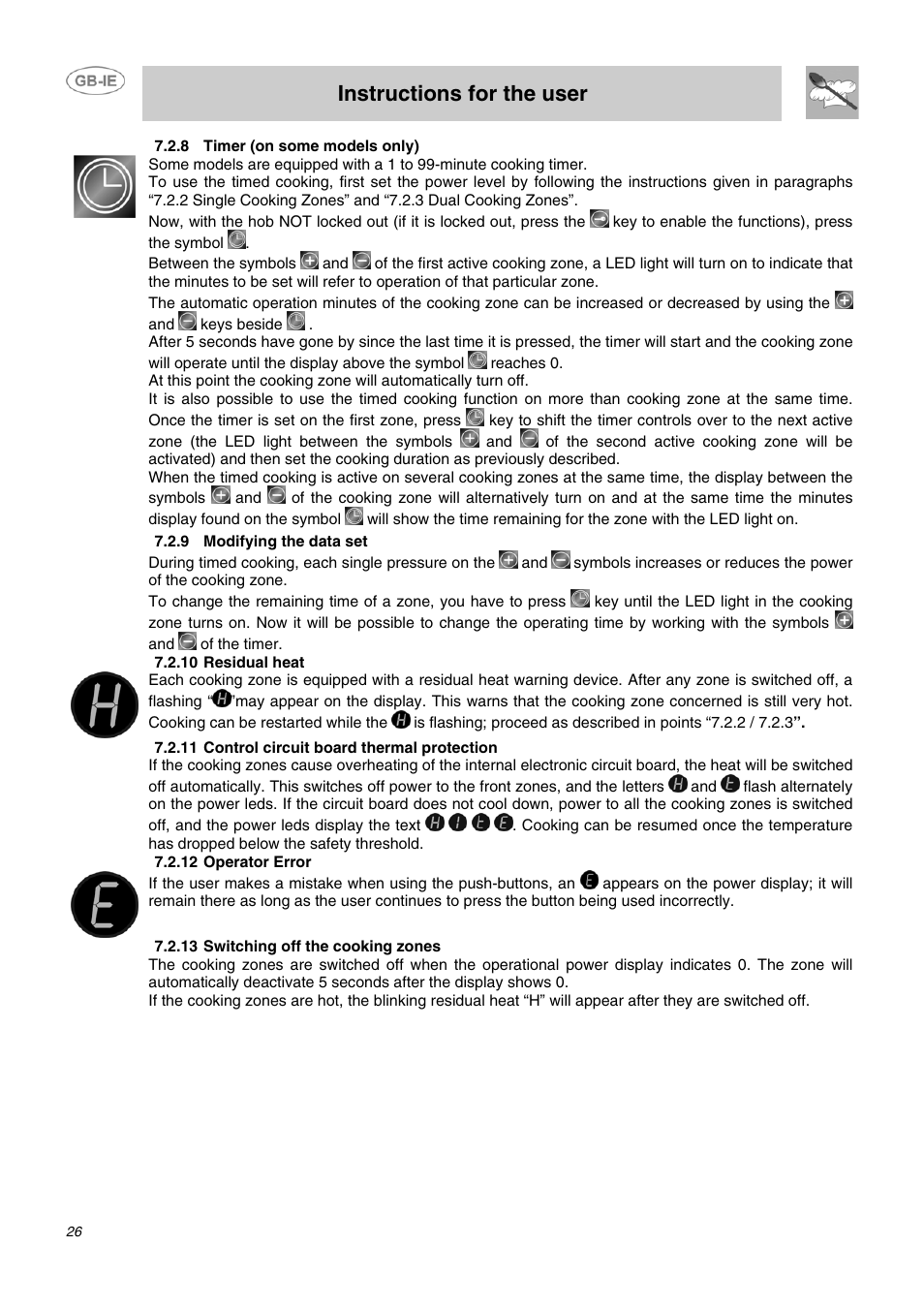 8 timer (on some models only), 9 modifying the data set, 10 residual heat | 11 control circuit board thermal protection, 12 operator error, 13 switching off the cooking zones, Instructions for the user | Smeg APL2640TC User Manual | Page 9 / 15