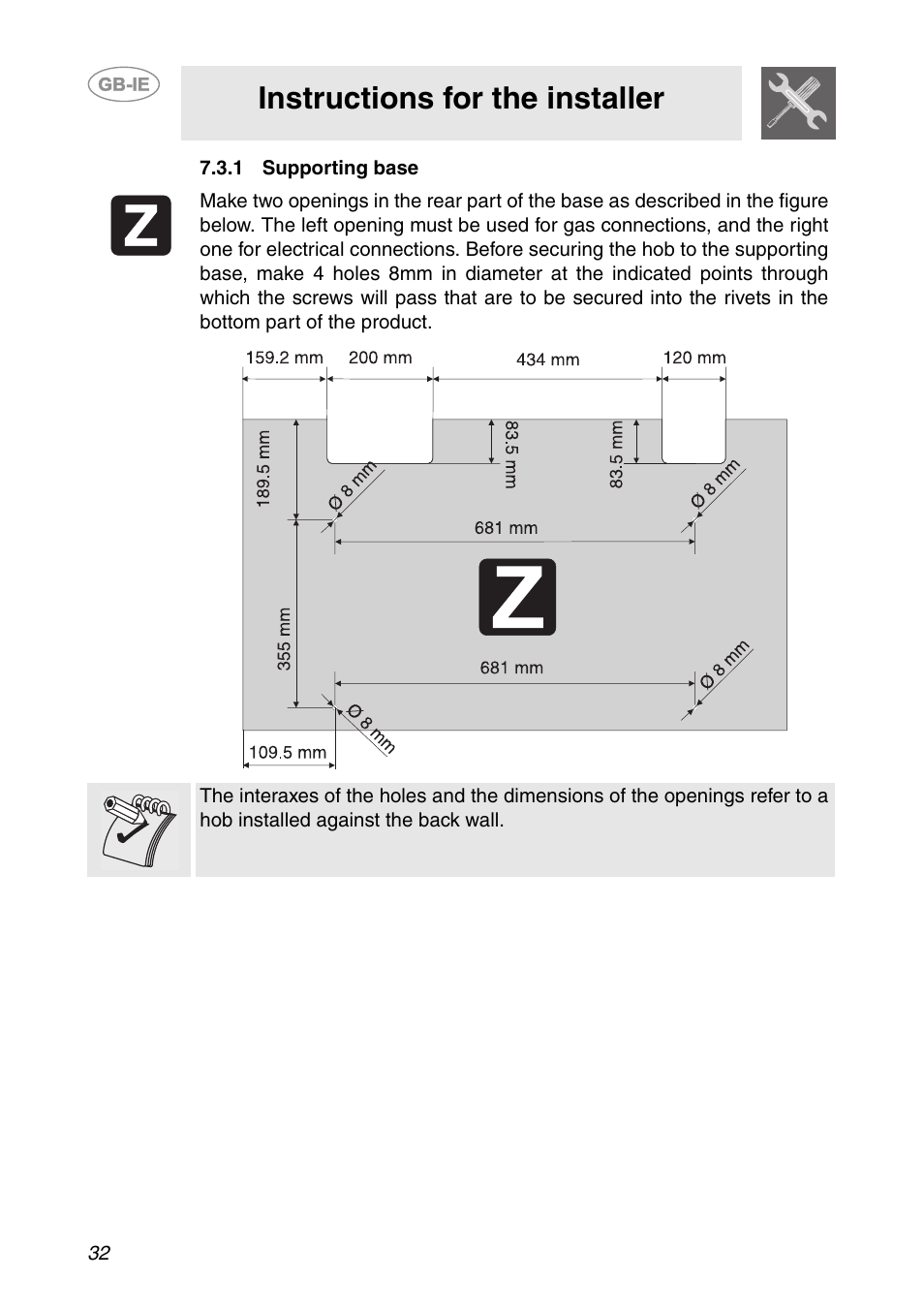 1 supporting base, Instructions for the installer | Smeg HB96CSS-3 User Manual | Page 11 / 19