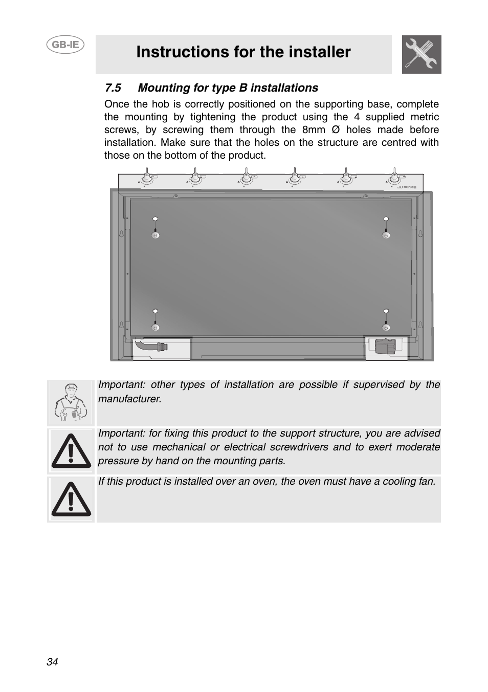 5 mounting for type b installations, Instructions for the installer | Smeg HB96CSS-3 User Manual | Page 13 / 19