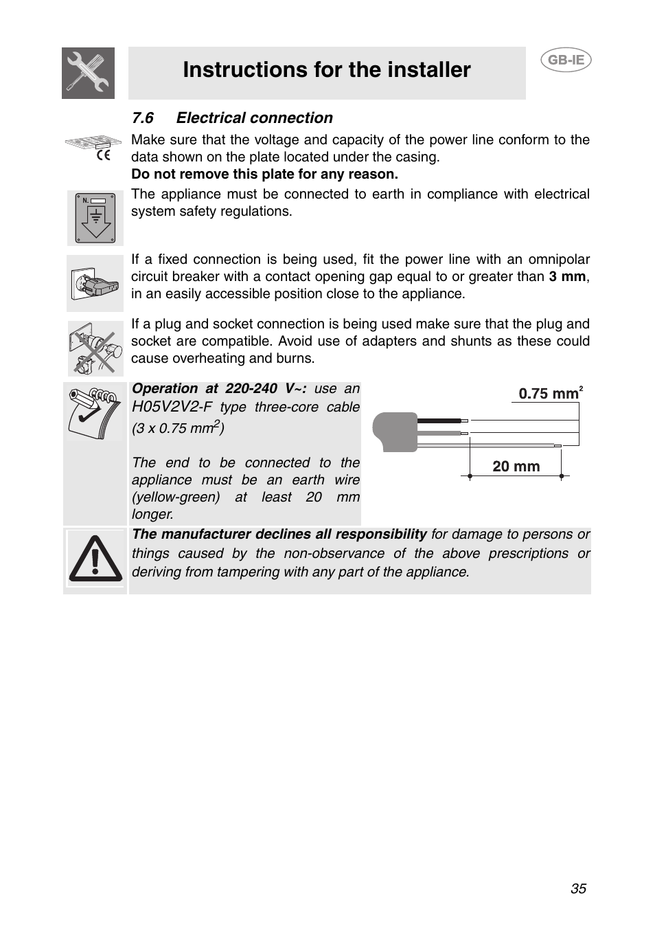 6 electrical connection, Instructions for the installer | Smeg HB96CSS-3 User Manual | Page 14 / 19