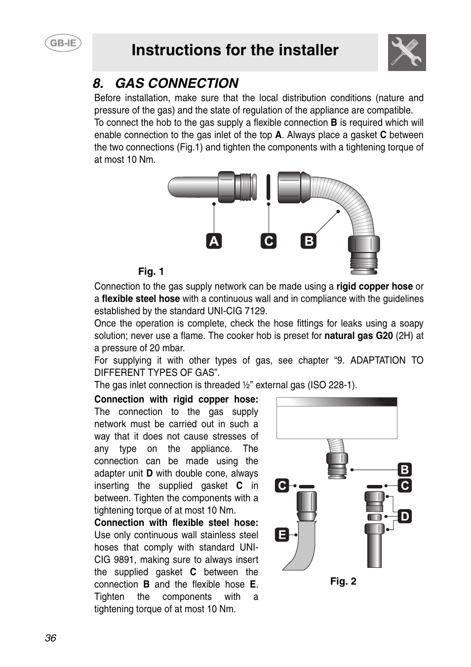 Gas connection, Instructions for the installer | Smeg HB96CSS-3 User Manual | Page 15 / 19