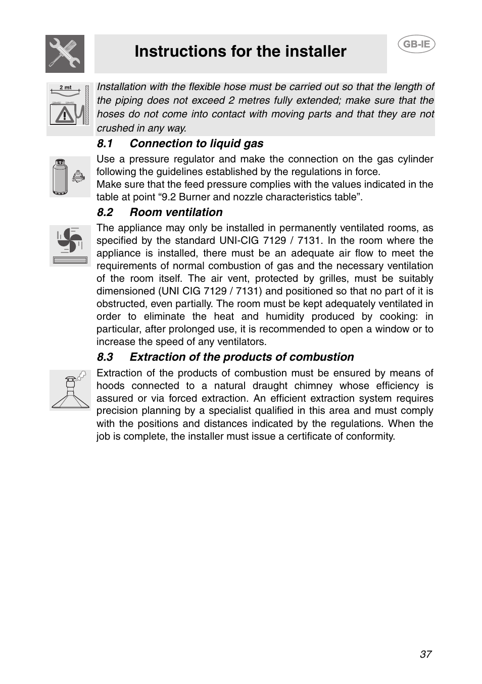 1 connection to liquid gas, 2 room ventilation, 3 extraction of the products of combustion | Instructions for the installer | Smeg HB96CSS-3 User Manual | Page 16 / 19