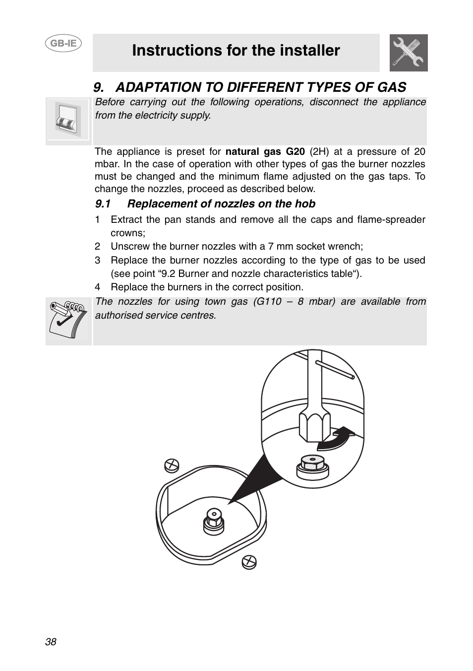 Adaptation to different types of gas, 1 replacement of nozzles on the hob, 4 replace the burners in the correct position | Instructions for the installer | Smeg HB96CSS-3 User Manual | Page 17 / 19