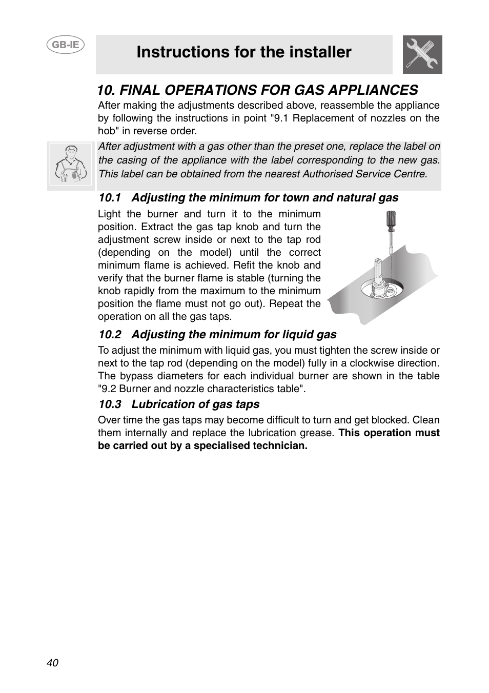 Final operations for gas appliances, 1 adjusting the minimum for town and natural gas, 2 adjusting the minimum for liquid gas | 3 lubrication of gas taps, Instructions for the installer | Smeg HB96CSS-3 User Manual | Page 19 / 19