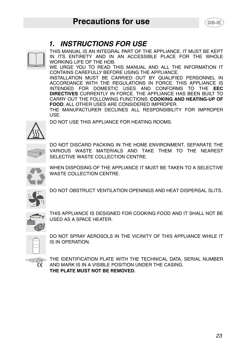 Instructions for use, Precautions for use | Smeg HB96CSS-3 User Manual | Page 2 / 19