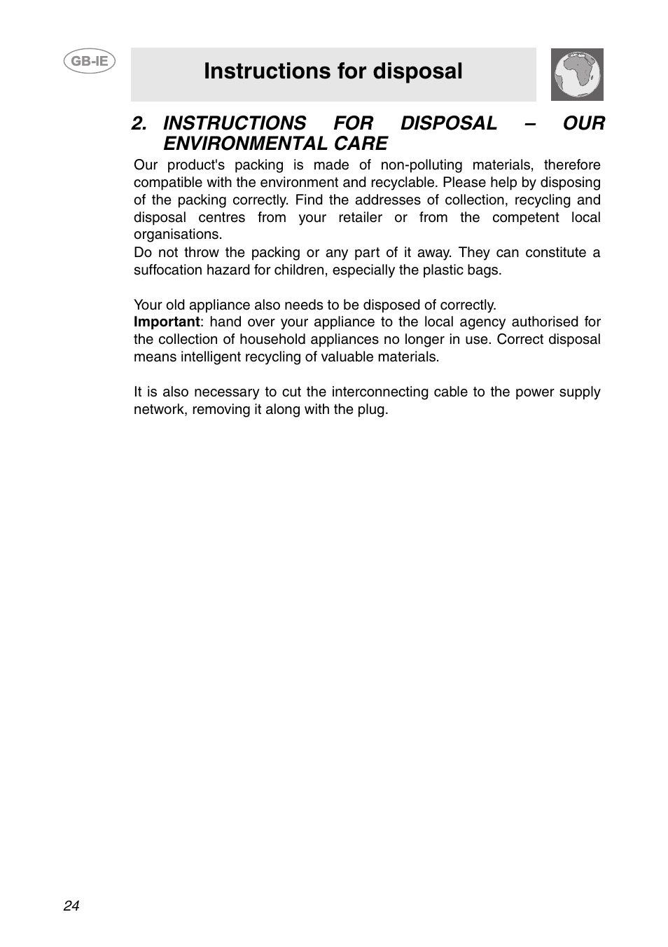 Instructions for disposal - our environmental care, Instructions for disposal | Smeg HB96CSS-3 User Manual | Page 3 / 19