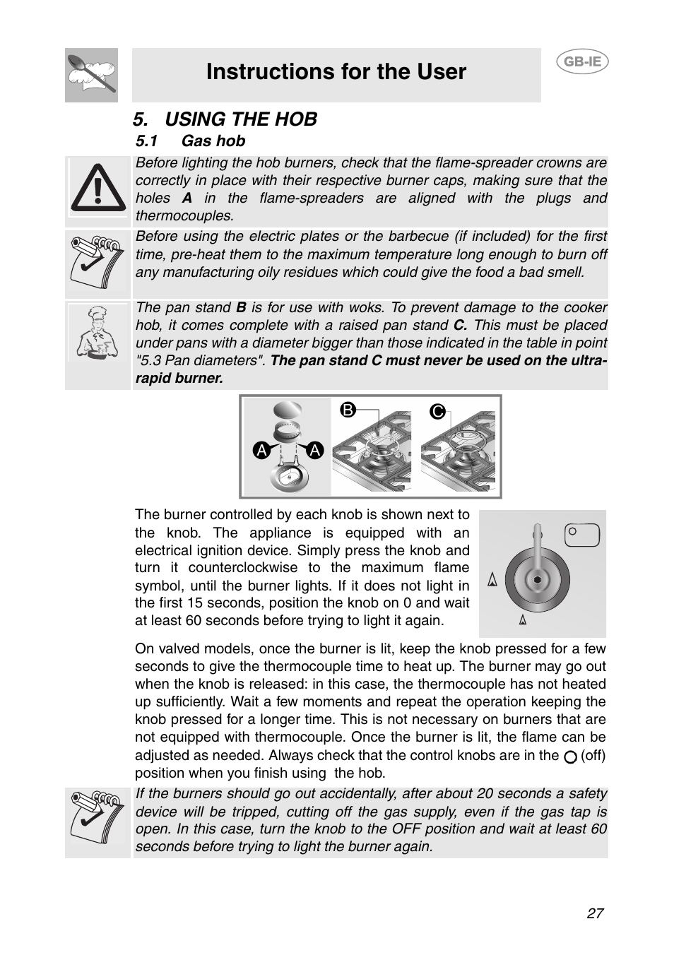 Using the hob, 1 gas hob, Instructions for the user | Smeg HB96CSS-3 User Manual | Page 6 / 19