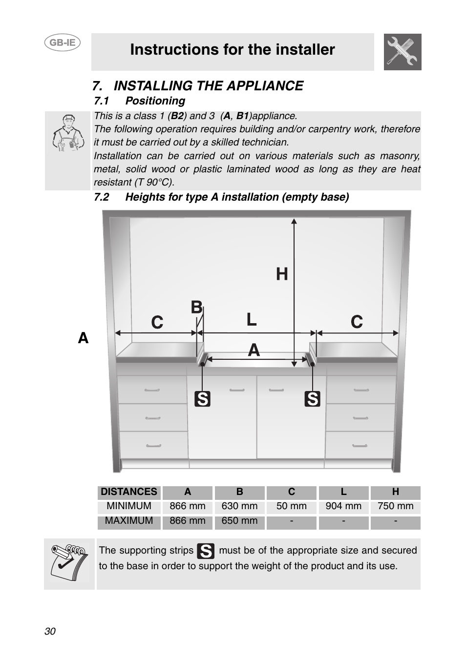 Installing the appliance, 1 positioning, 2 heights for type a installation (empty base) | Instructions for the installer | Smeg HB96CSS-3 User Manual | Page 9 / 19