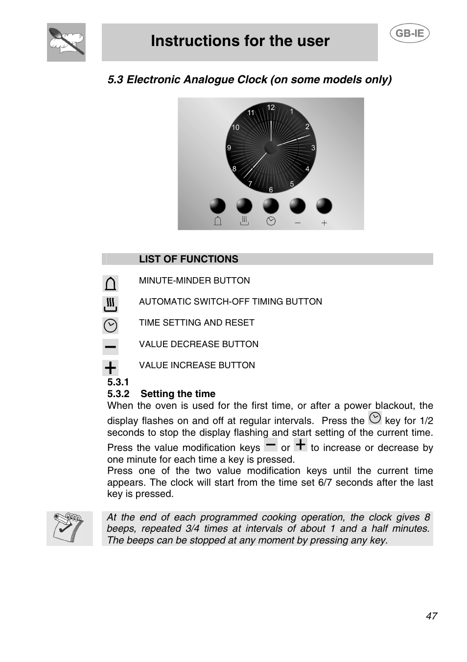 3 electronic analogue clock (on some models only), 2 setting the time, Instructions for the user | Smeg A1-2 User Manual | Page 13 / 31