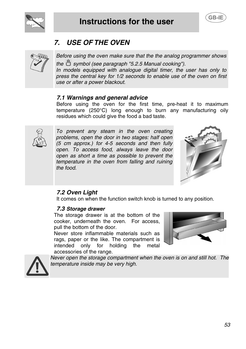 Use of the oven, 1 warnings and general advice, 2 oven light | 3 storage drawer, Instructions for the user | Smeg A1-2 User Manual | Page 19 / 31