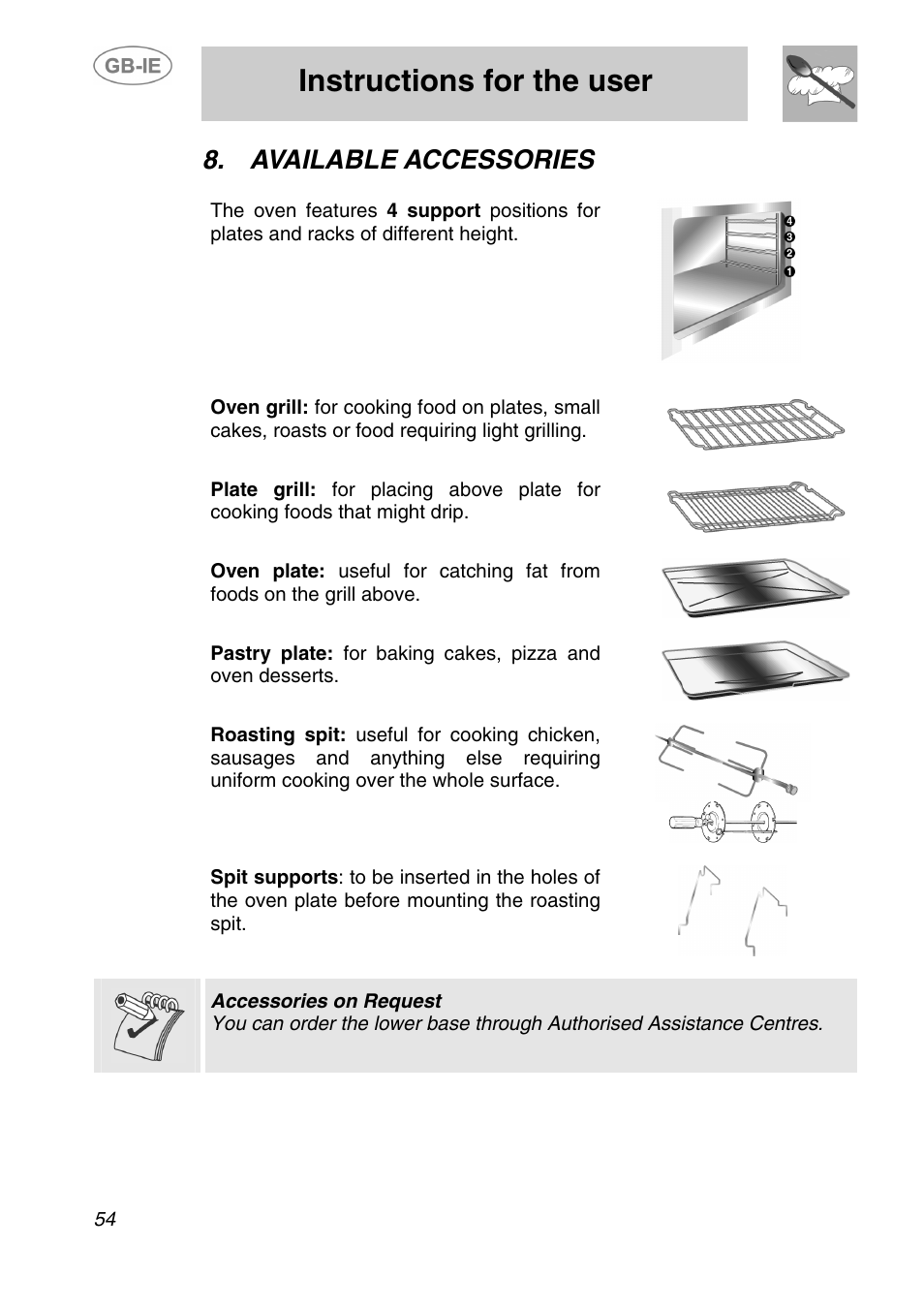 Available accessories, Instructions for the user | Smeg A1-2 User Manual | Page 20 / 31
