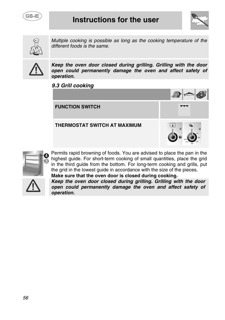 3 grill cooking, Instructions for the user, Function switch | Thermostat switch at maximum | Smeg A1-2 User Manual | Page 22 / 31
