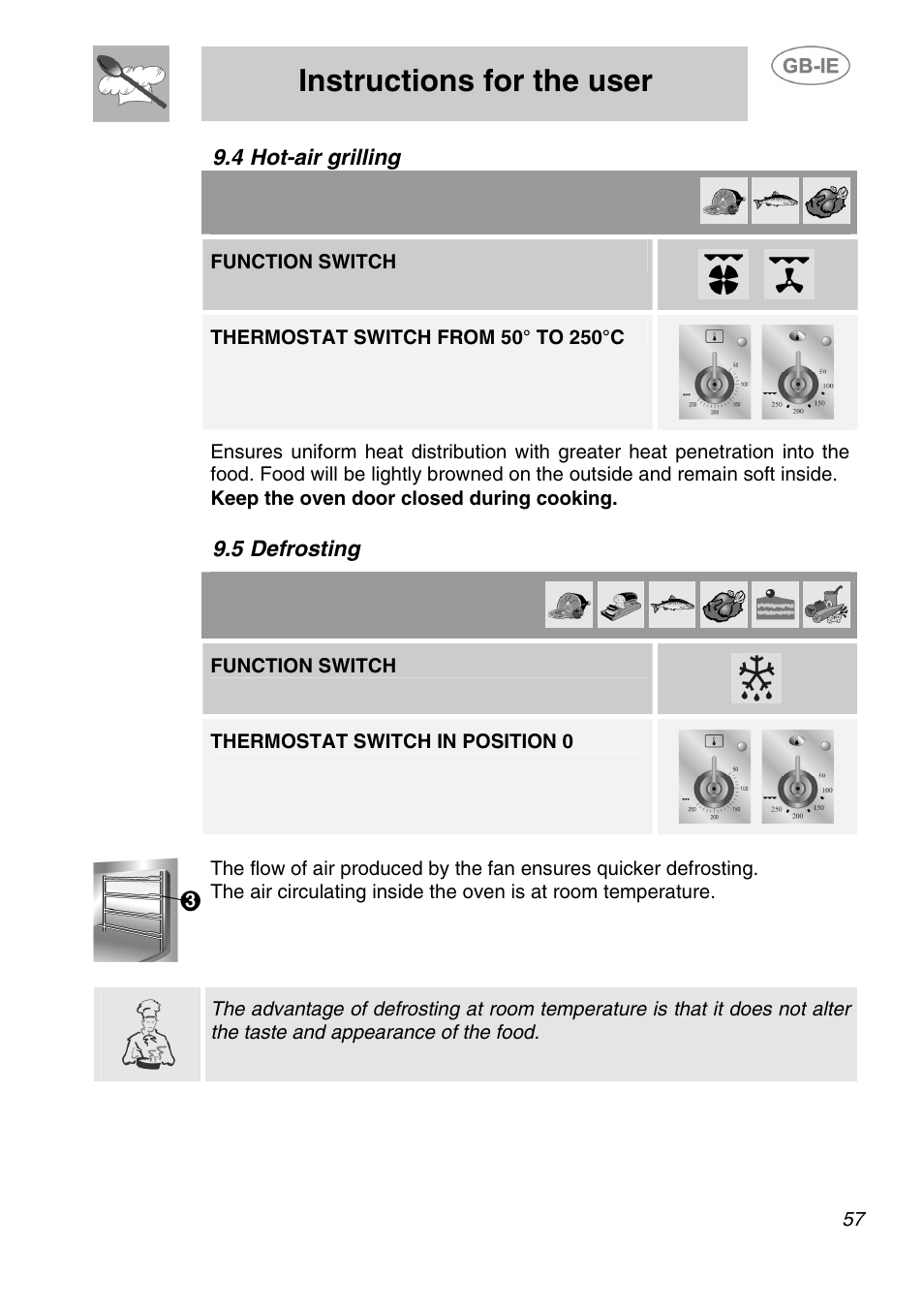 Hot-air grilling, 5 defrosting, Instructions for the user | 4 hot-air grilling, Function switch, Thermostat switch in position 0 | Smeg A1-2 User Manual | Page 23 / 31