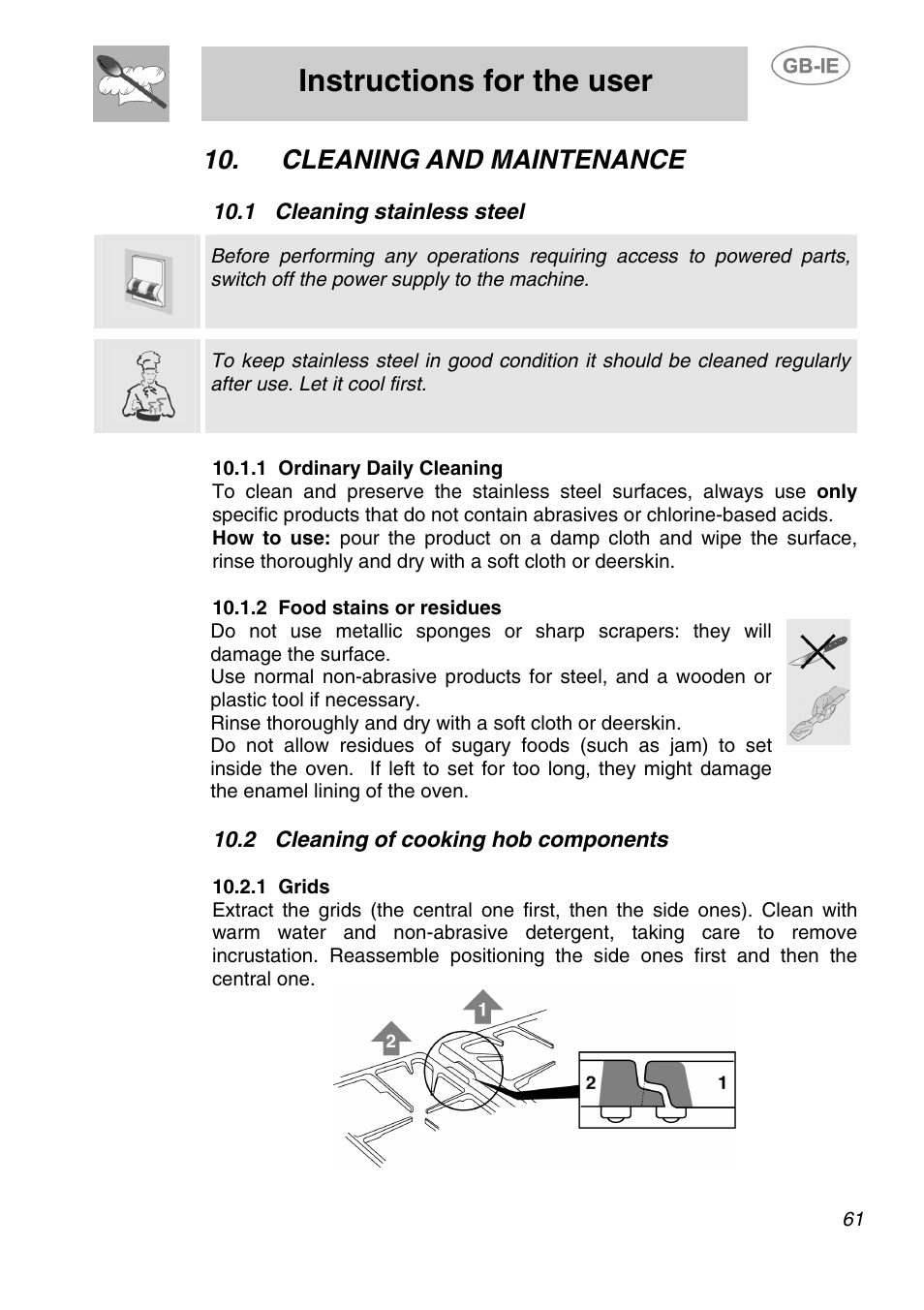 Cleaning and maintenance, 1 cleaning stainless steel, 1 ordinary daily cleaning | 2 food stains or residues, 2 cleaning of cooking hob components, 1 grids, Instructions for the user | Smeg A1-2 User Manual | Page 27 / 31