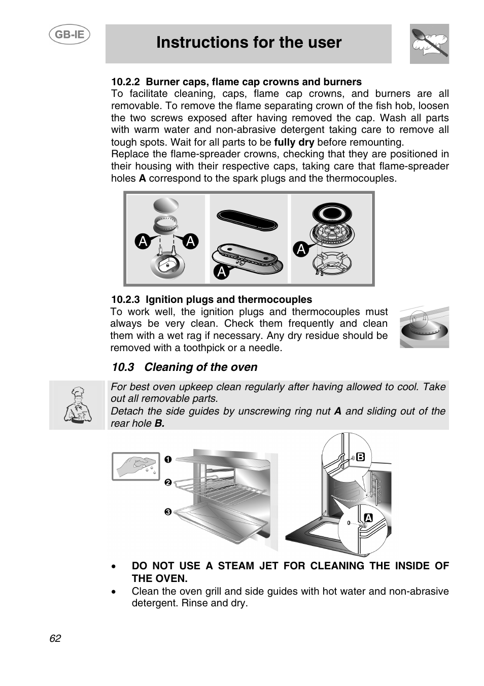2 burner caps, flame cap crowns and burners, 3 ignition plugs and thermocouples, 3 cleaning of the oven | Instructions for the user | Smeg A1-2 User Manual | Page 28 / 31