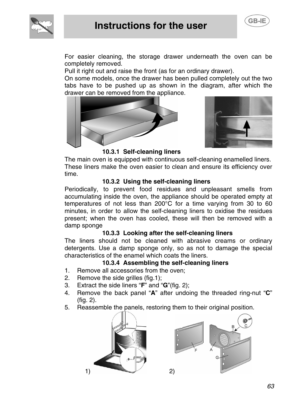 1 self-cleaning liners, 2 using the self-cleaning liners, 3 looking after the self-cleaning liners | 4 assembling the self-cleaning liners, Instructions for the user | Smeg A1-2 User Manual | Page 29 / 31