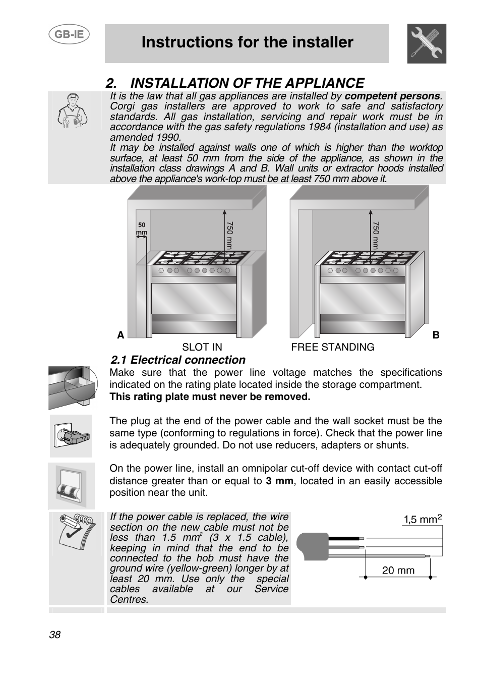 Installation of the appliance, 1 electrical connection, Instructions for the installer | Smeg A1-2 User Manual | Page 4 / 31