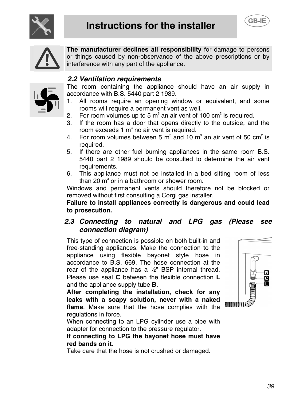 2 ventilation requirements, Instructions for the installer | Smeg A1-2 User Manual | Page 5 / 31