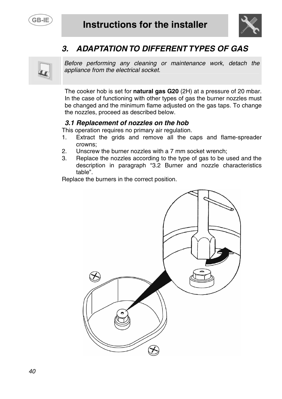 Adaptation to different types of gas, 1 replacement of nozzles on the hob, Instructions for the installer | Smeg A1-2 User Manual | Page 6 / 31