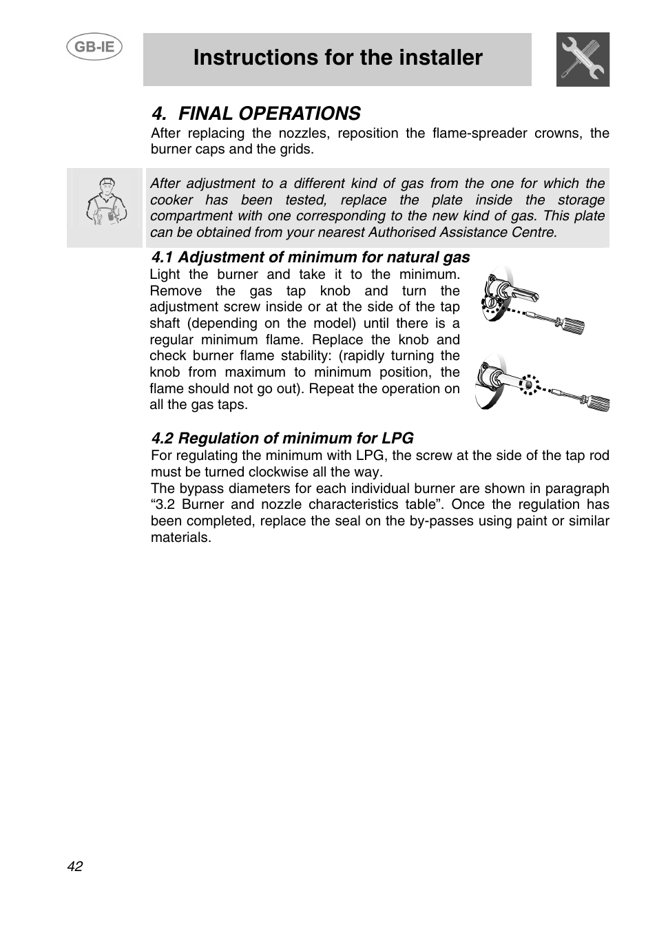 1 adjustment of minimum for natural gas, 2 regulation of minimum for lpg, Final operations | Instructions for the installer | Smeg A1-2 User Manual | Page 8 / 31
