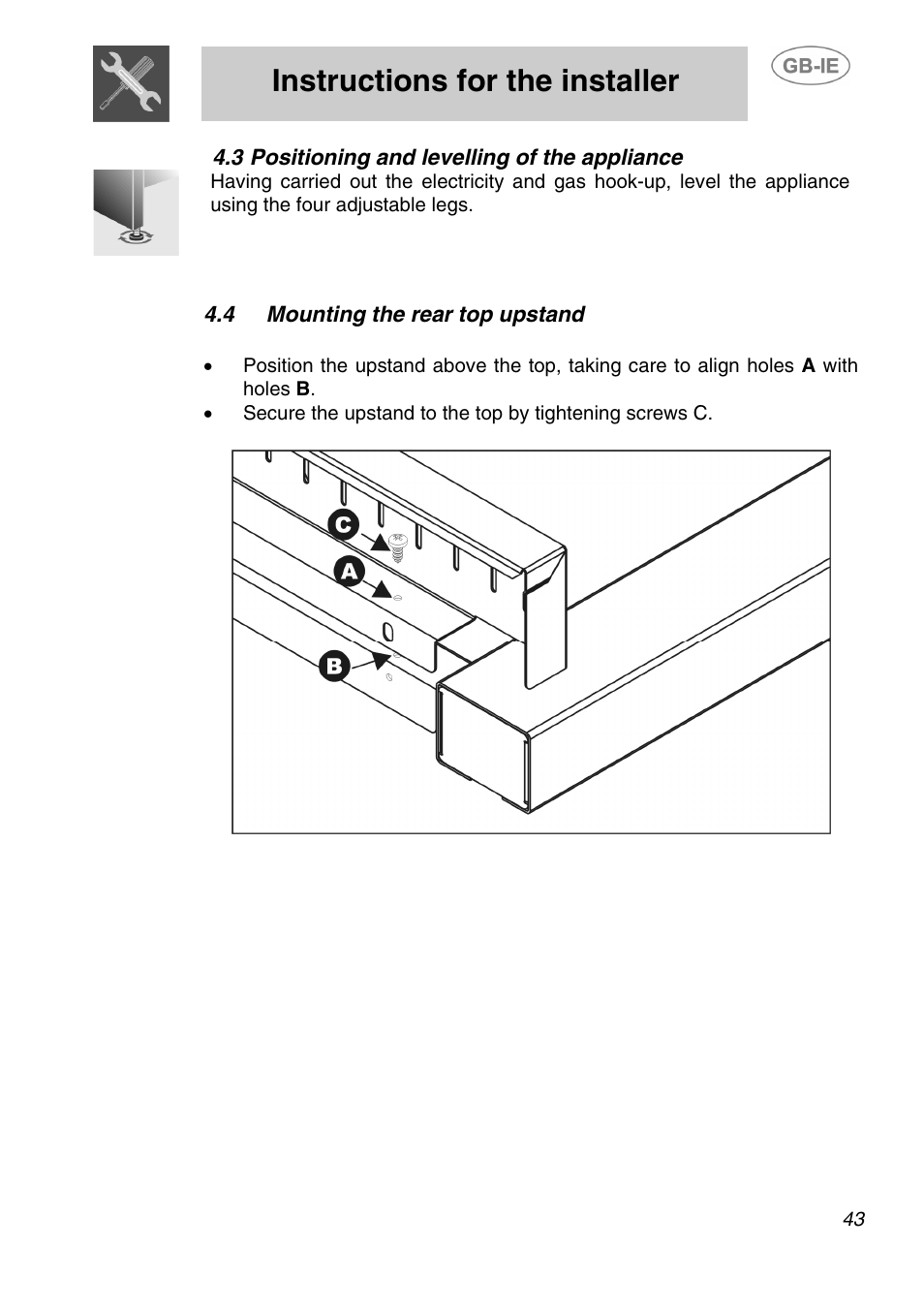 3 positioning and levelling of the appliance, 4 mounting the rear top upstand, Instructions for the installer | Smeg A1-2 User Manual | Page 9 / 31