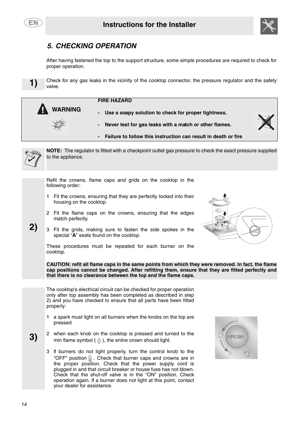 Checking operation, Instructions for the installer | Smeg PU64 User Manual | Page 12 / 15