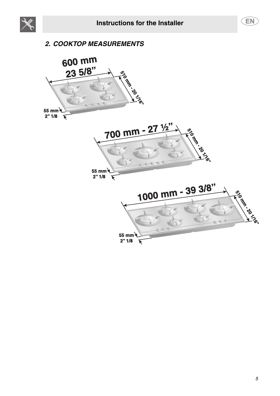 Cooktop measurements | Smeg PU64 User Manual | Page 3 / 15