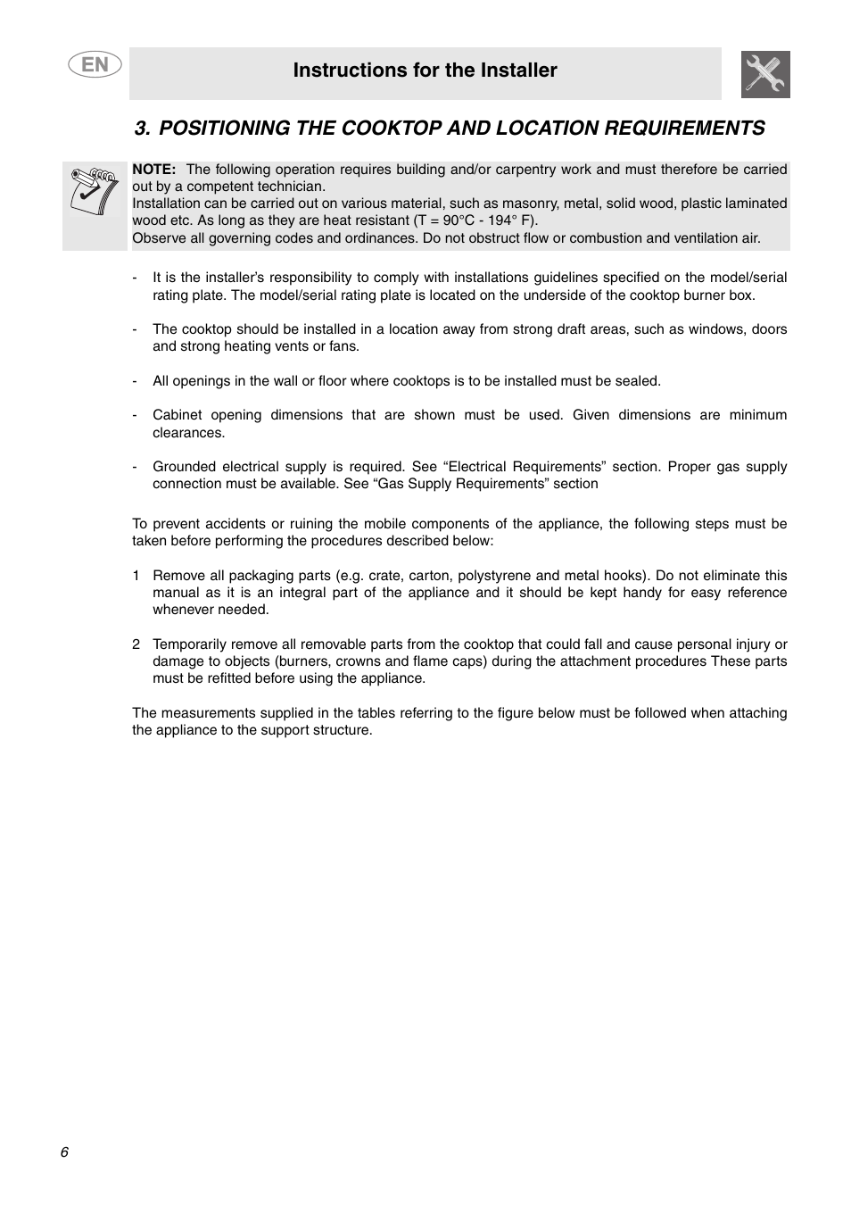 Positioning the cooktop and location requirements, Instructions for the installer | Smeg PU64 User Manual | Page 4 / 15
